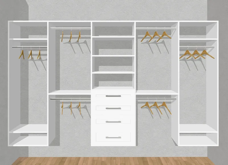 True-to-scale 3D design of a white reach-in closet with double-hang sections and a drawer tower