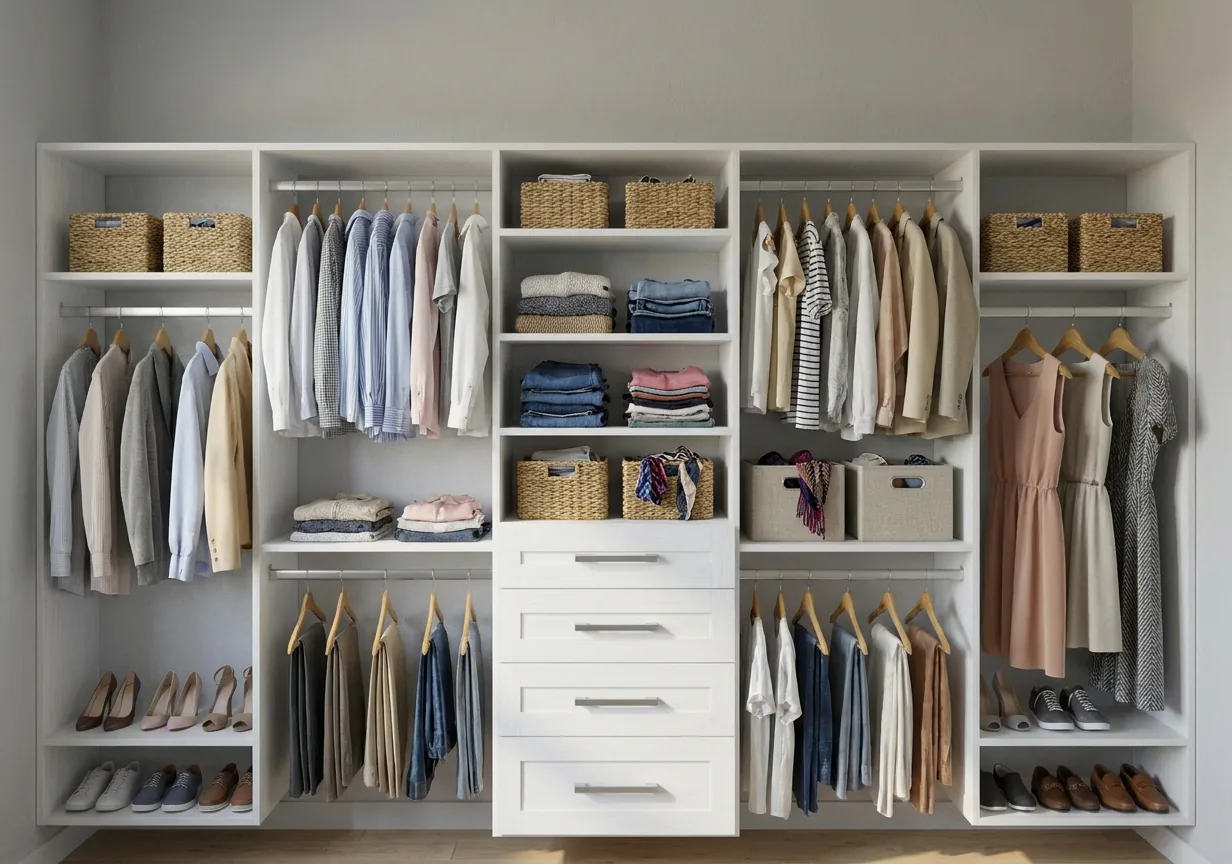 The same reach-in closet installed and filled with clothing