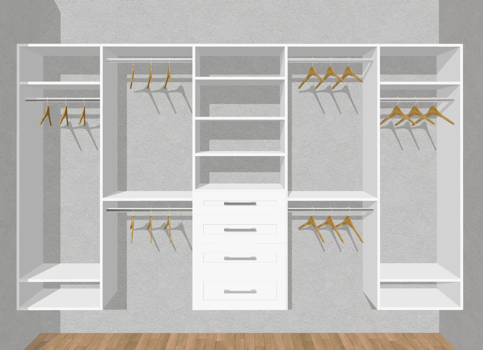 True-to-scale 3D design of a white reach-in closet