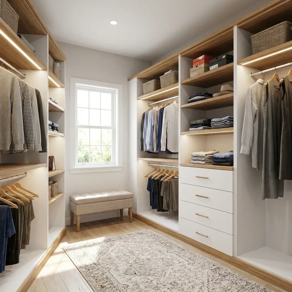 Bright, organized custom walk-in closet with white melamine and warm wood accents in a normal family home