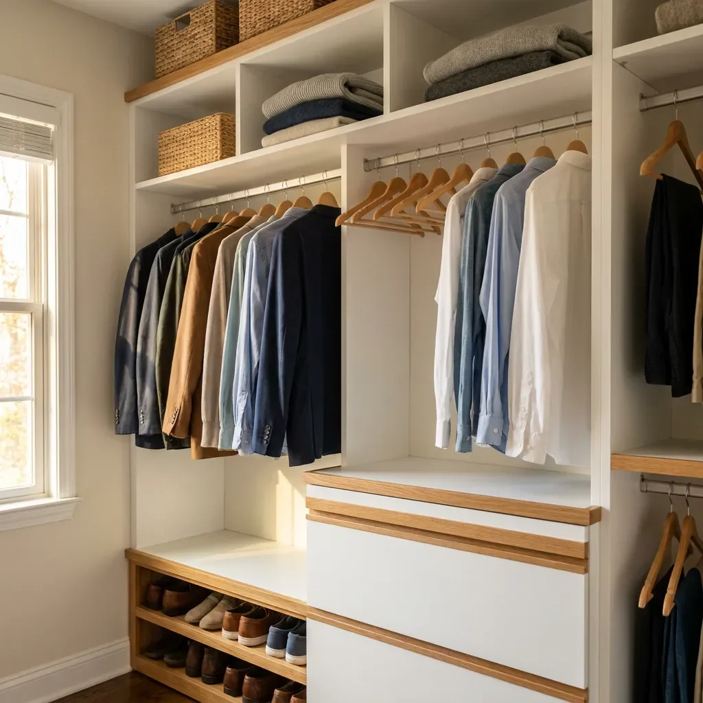 Affordable custom reach-in closet system in a Middle Tennessee home with white melamine shelves, soft-close drawers and a built-in shoe shelf