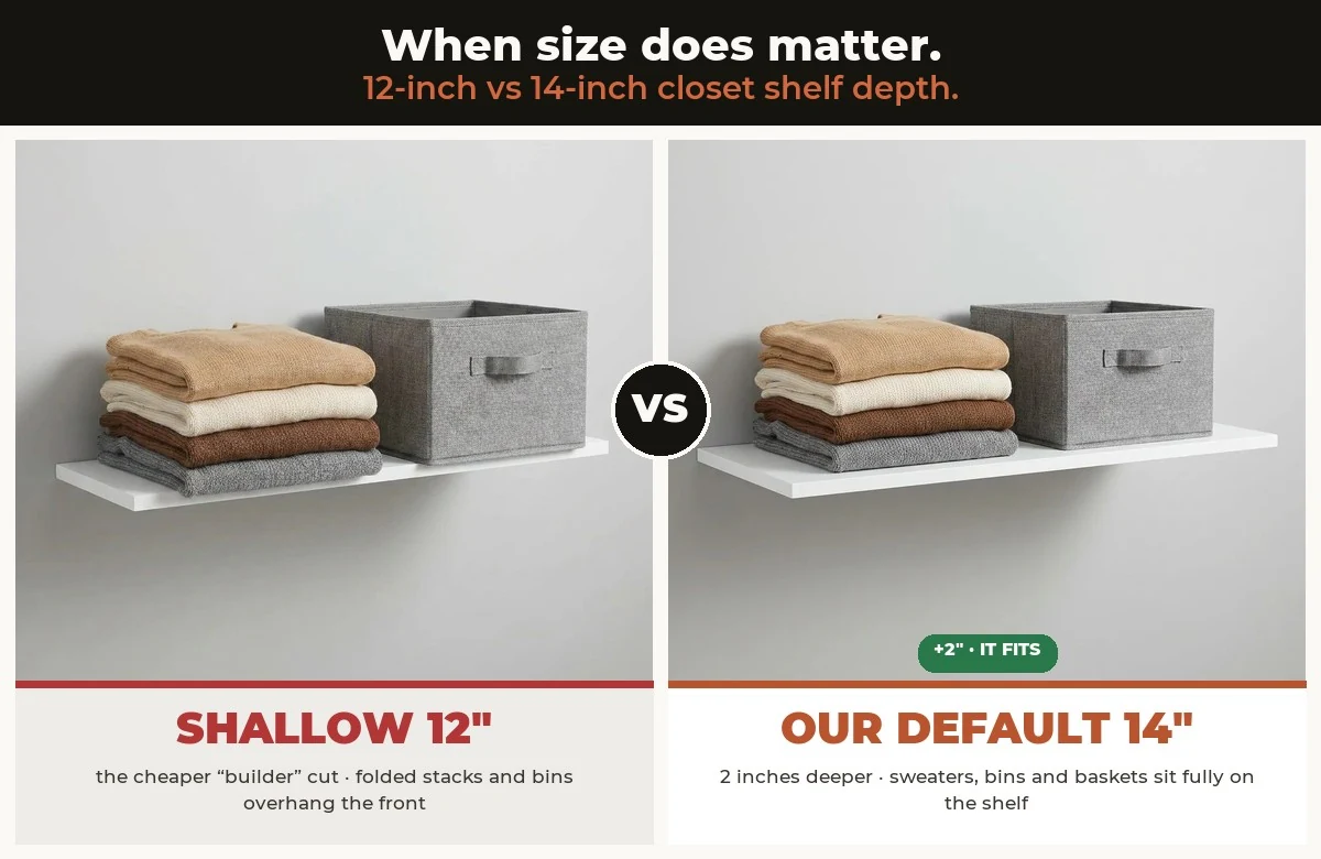 Close-up comparison of a 12-inch versus 14-inch deep closet shelf, showing folded items overhanging the shallow shelf