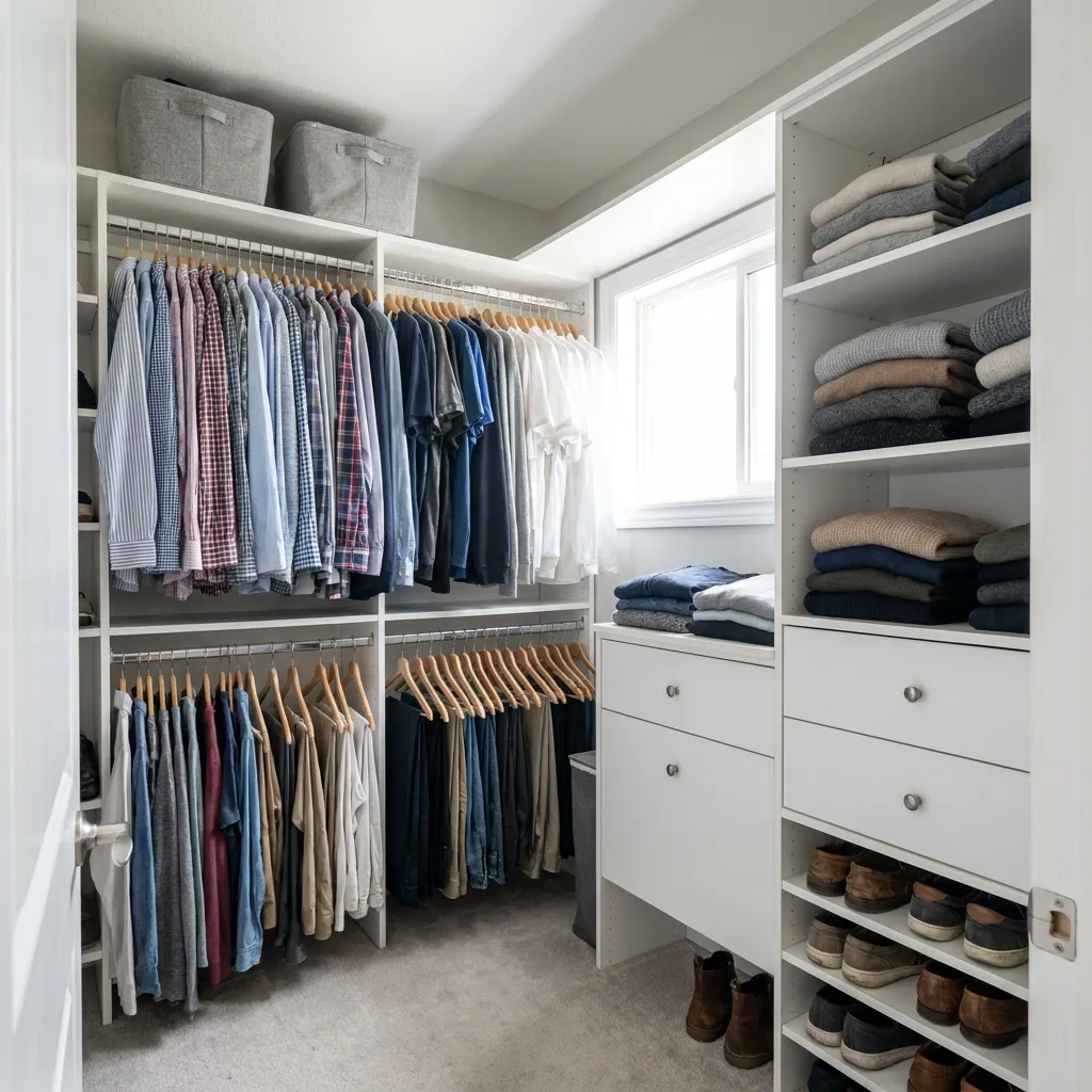 Organized walk-in closet with an affordable custom closet system — double-hang rods, drawers and shoe shelves