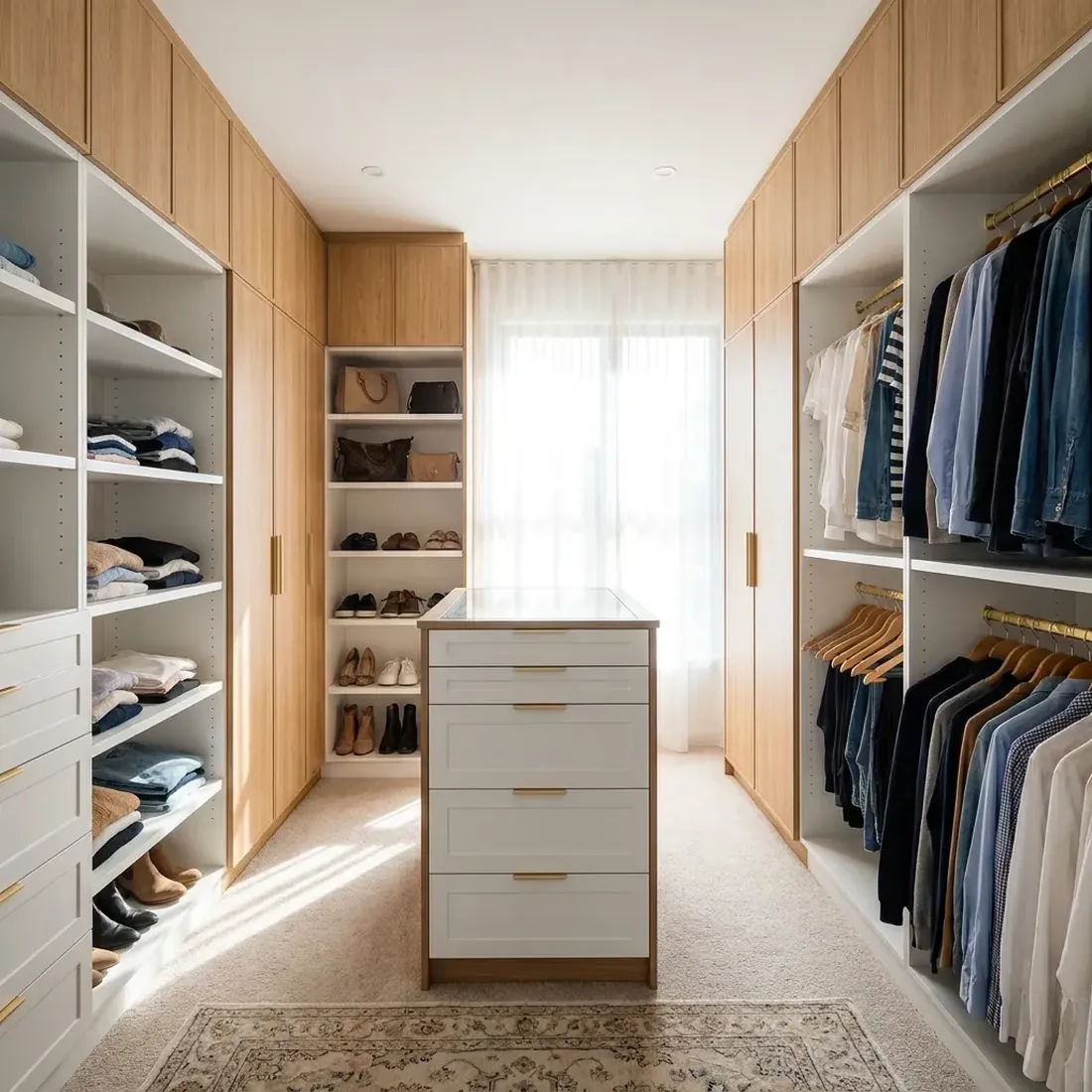 Custom walk-in closet showing a mix of storage styles — cabinetry, shelving, hanging and an island