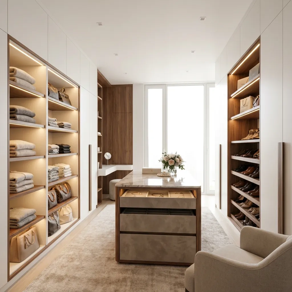 Luxury custom walk-in closet with white and walnut cabinetry, lit shelves and an island