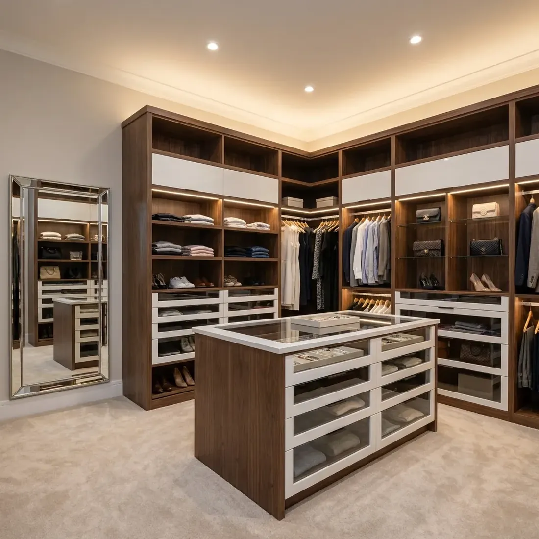 Luxury floor-based built-in walk-in closet with island, lighting, glass-front drawers and walnut cabinetry