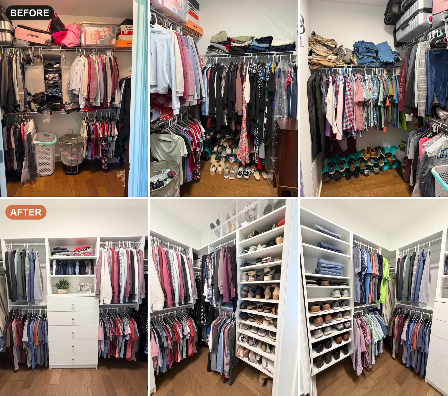Before and after of a custom walk-in closet in Middle Tennessee β wire shelving replaced with a full custom system with double-hang, drawers and a shoe wall