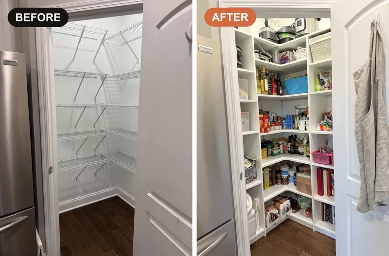 Before and after of a custom pantry in Nashville — builder wire shelving replaced with adjustable custom pantry shelving and cabinets in 3/4-inch furniture board