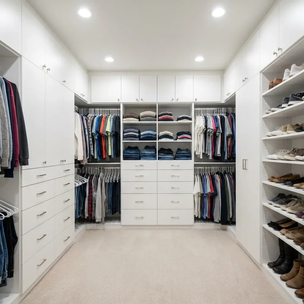 Large custom white walk-in closet with double-hang sections, drawers and shoe shelves