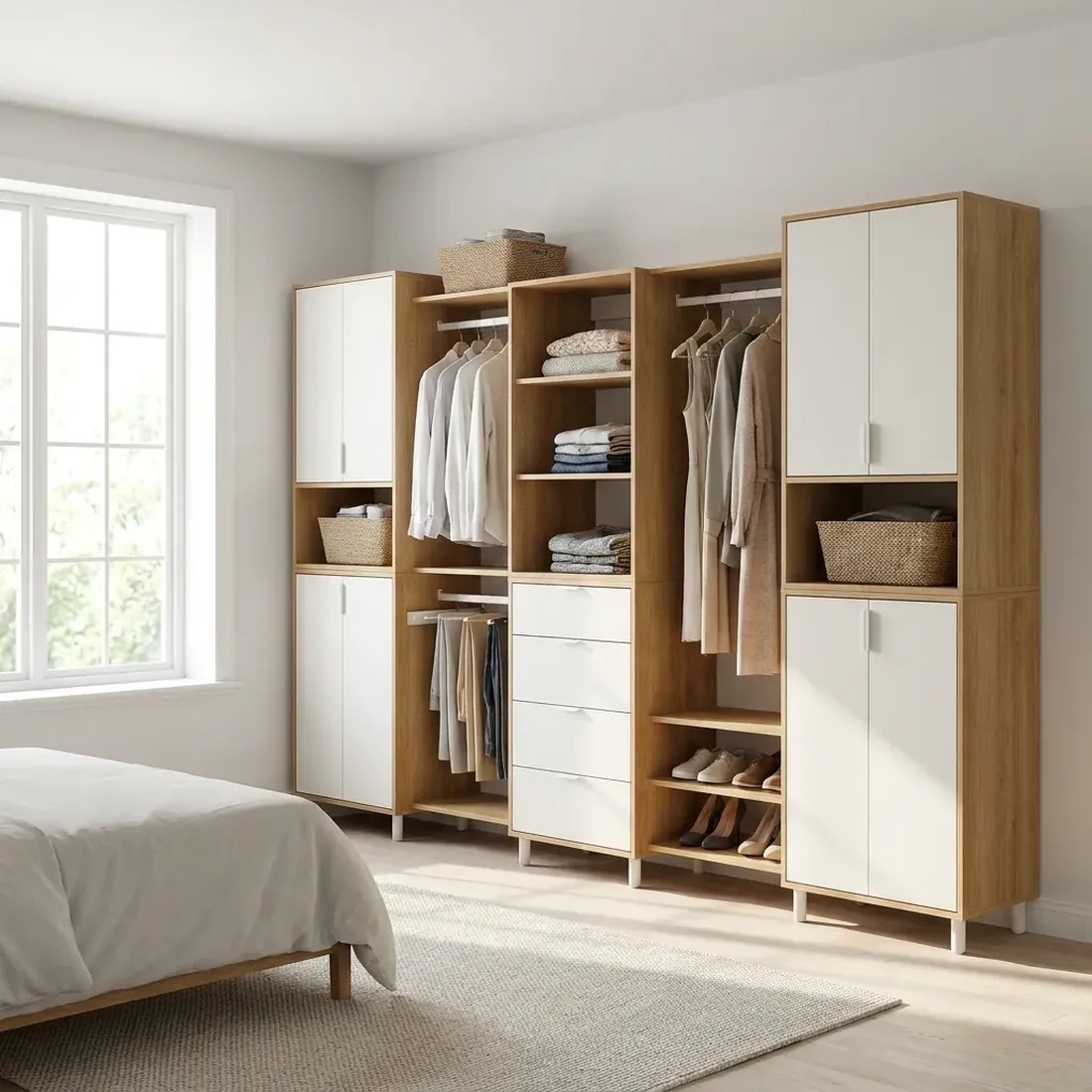 Affordable modular closet system with freestanding oak and white cabinets, shelves, hanging rods and drawers