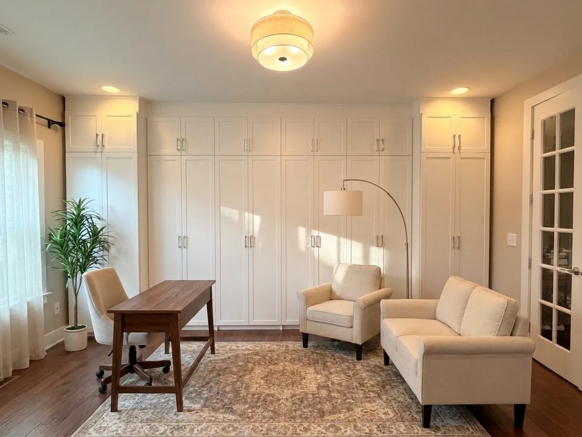 Finished floor-to-ceiling white Shaker-style storage wall with upper cabinets and soft-close doors in a home office, staged with a desk and seating area