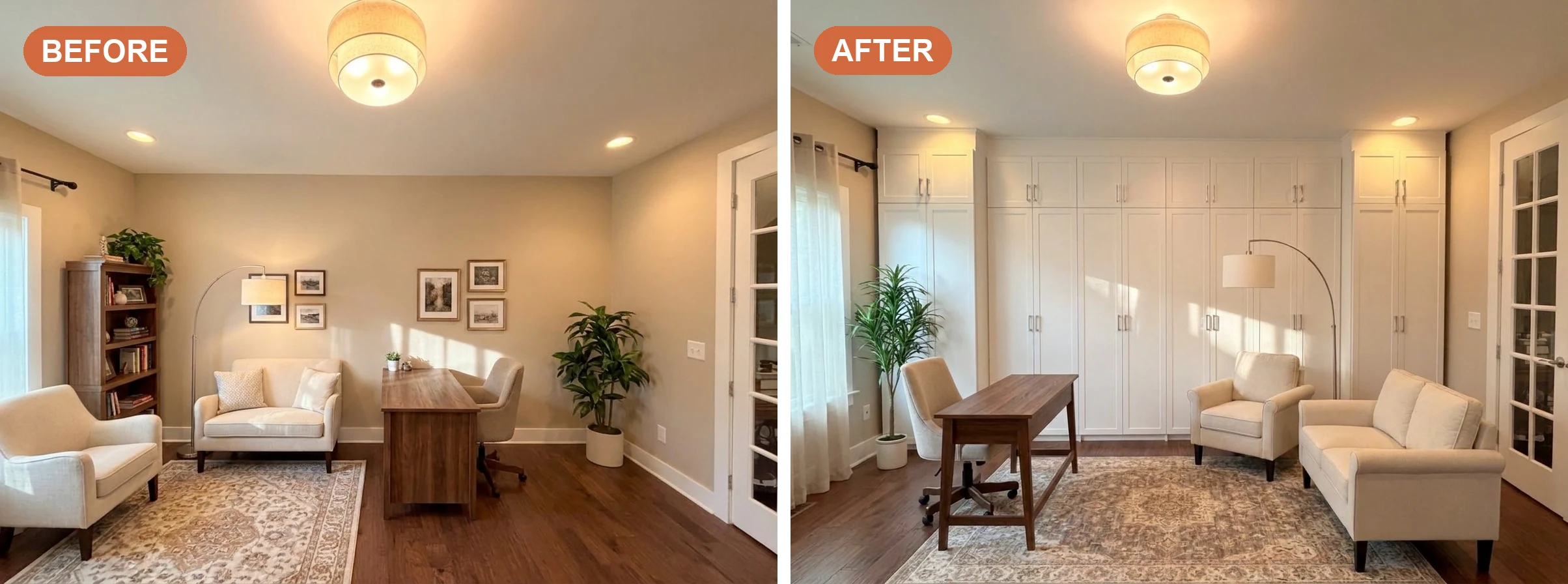 Before and after of a home office — a plain empty wall transformed into a floor-to-ceiling white Shaker-style built-in storage wall