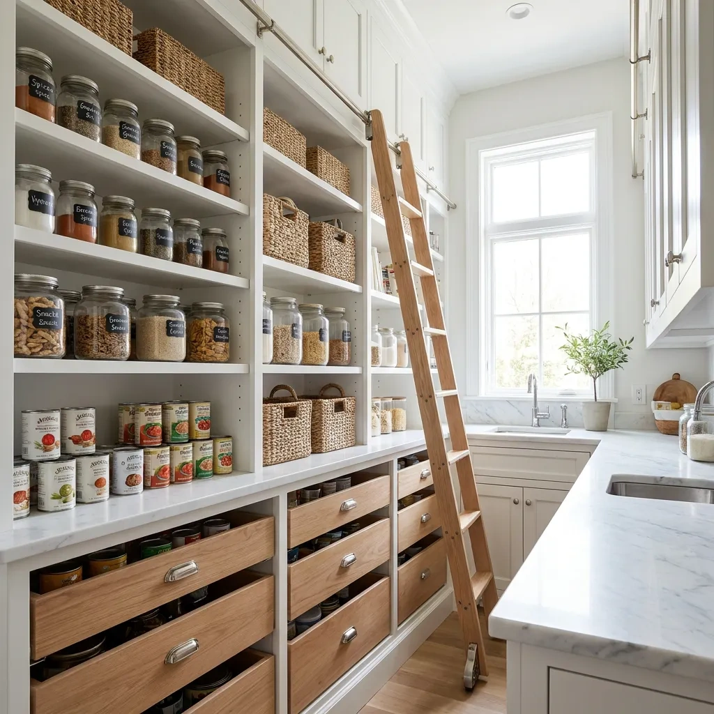 Organized custom kitchen pantry with white shelving, pull-out drawers and labeled jars