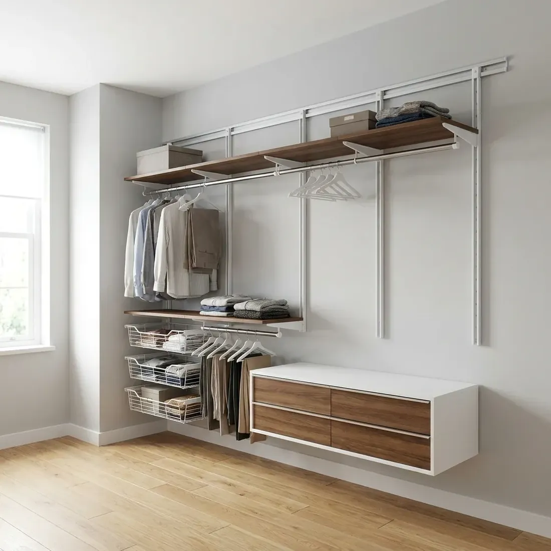 Wall-mounted rail closet system with adjustable brackets, shelves, hanging rods and a floating drawer unit