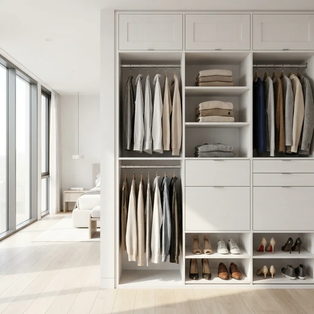 Custom reach-in closet with double-hang rods and shoe storage in a bright bedroom