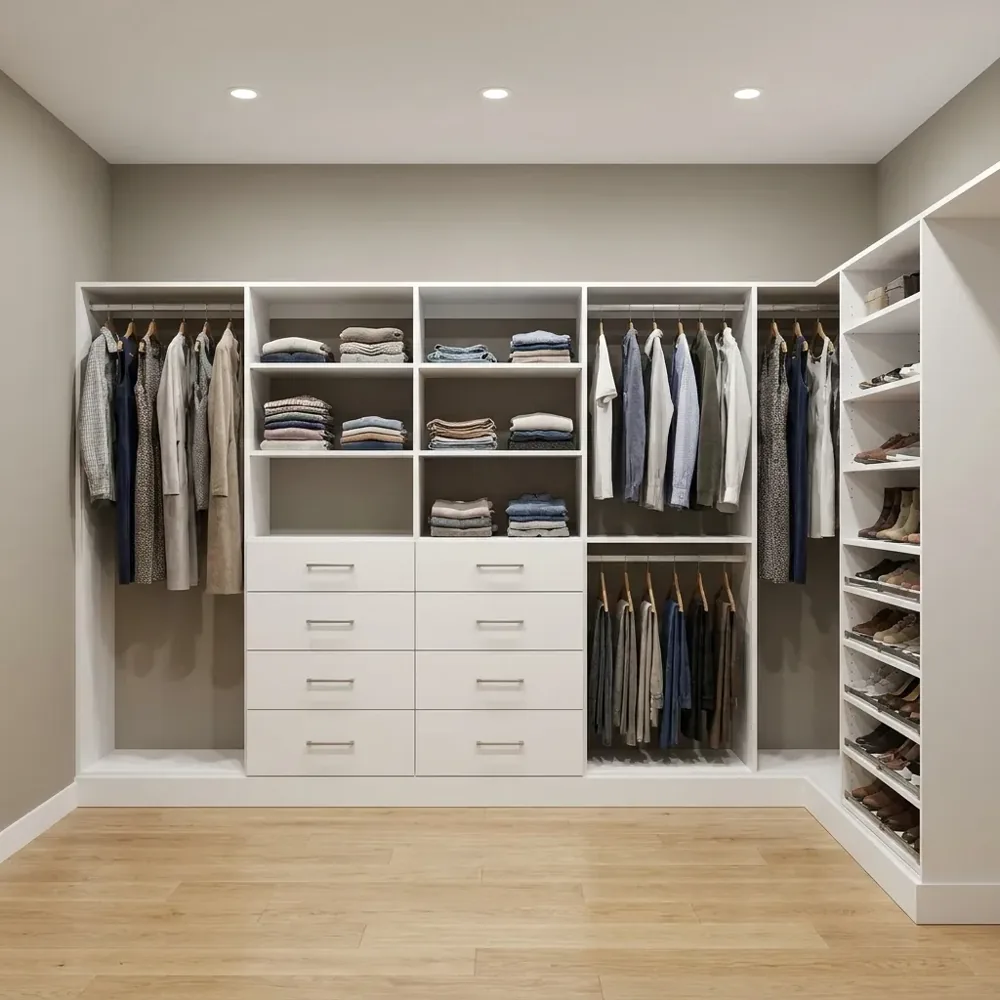 Floor-based floor-standing custom closet system in white melamine sitting on the floor with a toe-kick base