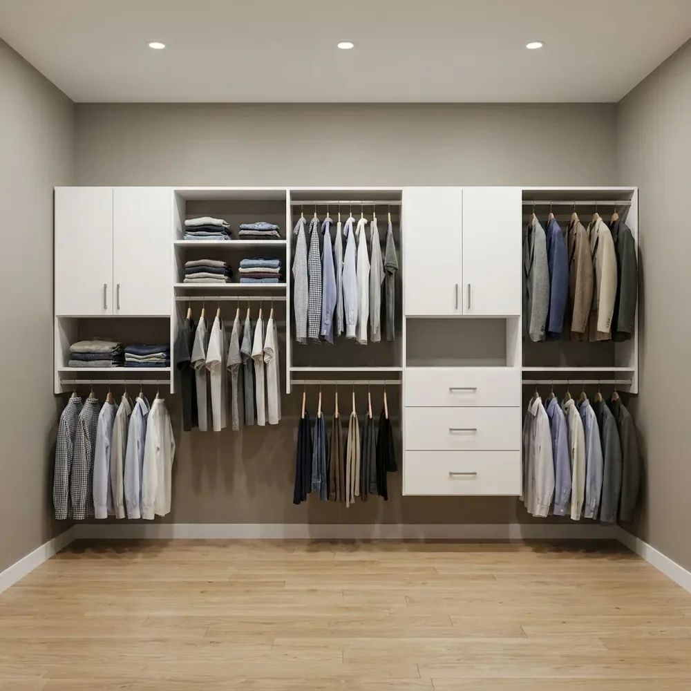 Wall-mounted floating custom closet system in white melamine with the floor open underneath the cabinets