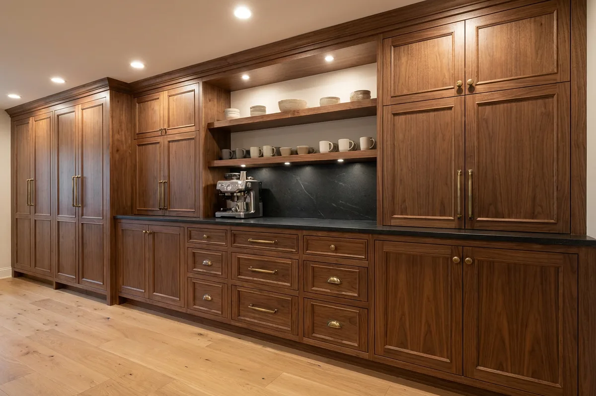 Walnut kitchen cabinet run with raised-panel doors, brass pulls, a built-in coffee bar and tall pantry cabinets