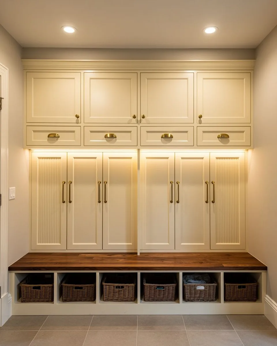 Mudroom lockers in cream painted cabinetry with shaker doors, brass hooks, a walnut bench and baskets in the cubbies