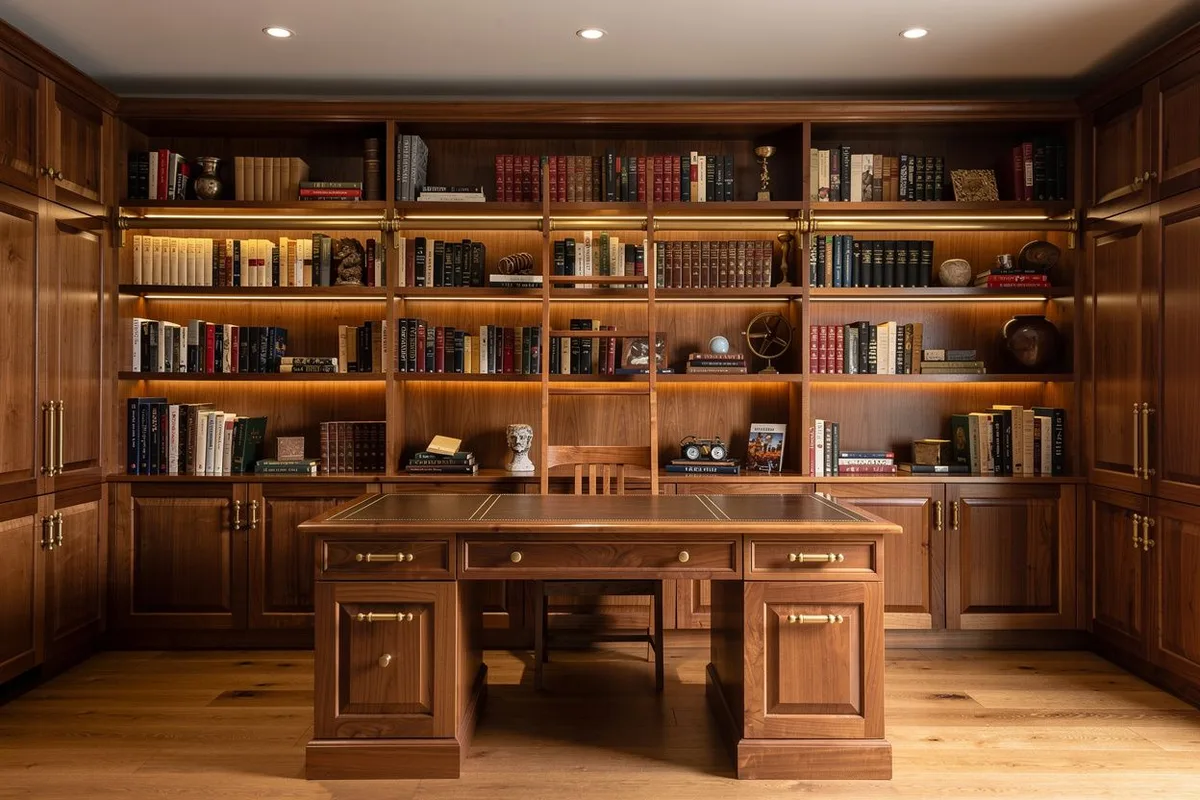 Home office in walnut built-ins with raised-panel doors, brass pulls, floor-to-ceiling bookcases, a desk and a library ladder