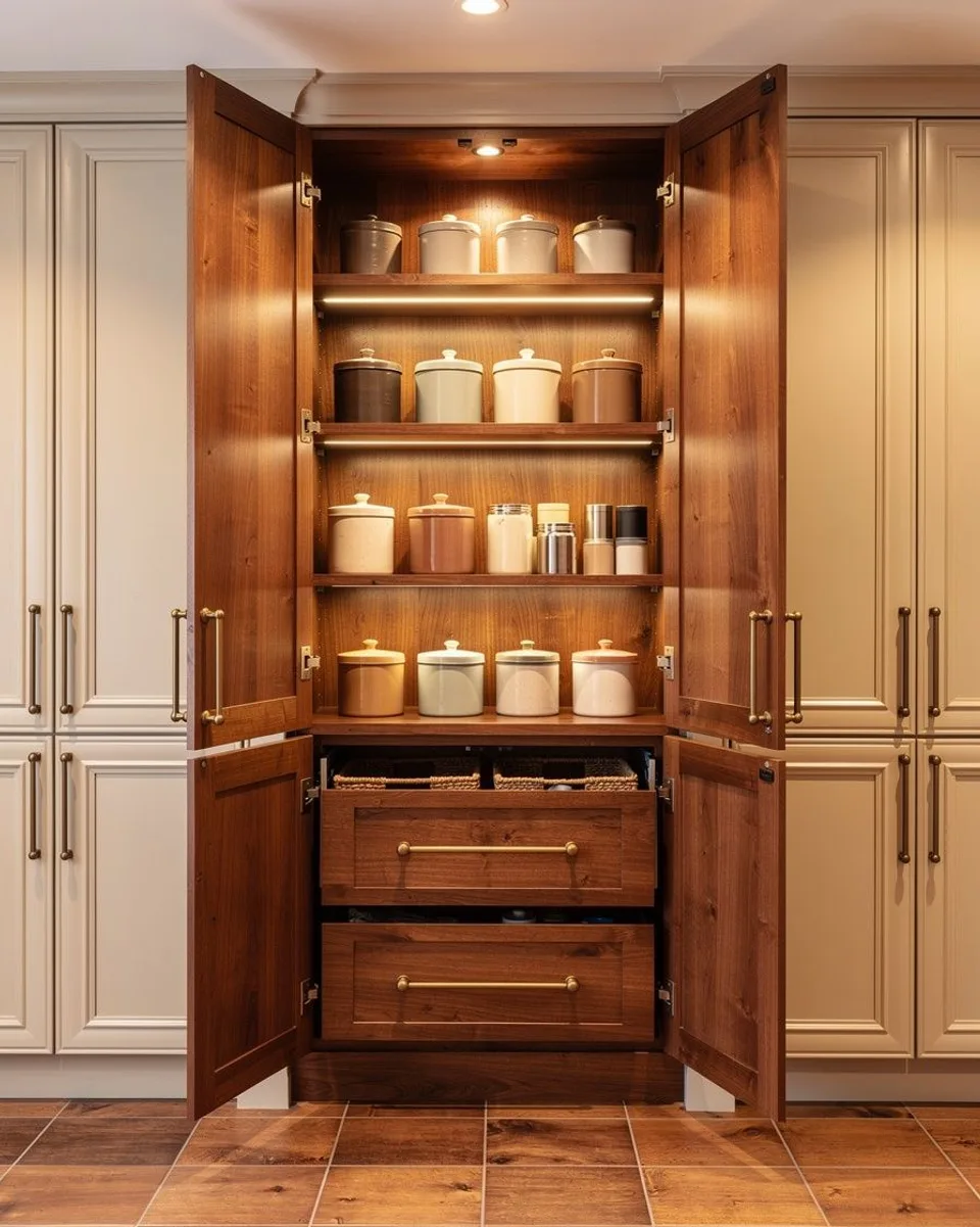 Tall walnut pantry cabinet with shaker doors open, brass knobs, canister shelves and woven pull-out baskets