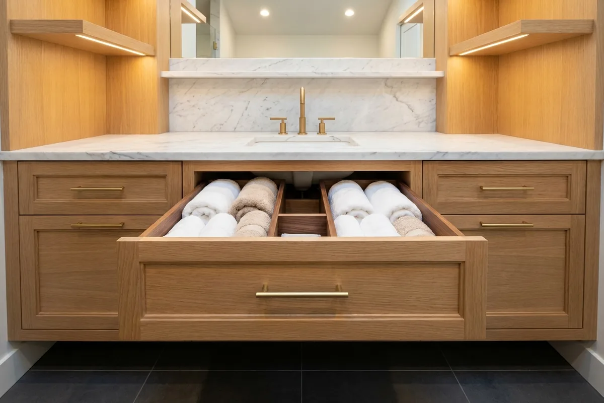 Floating white oak vanity with shaker drawer fronts, brass pulls, an open drawer of walnut organizers and a marble top