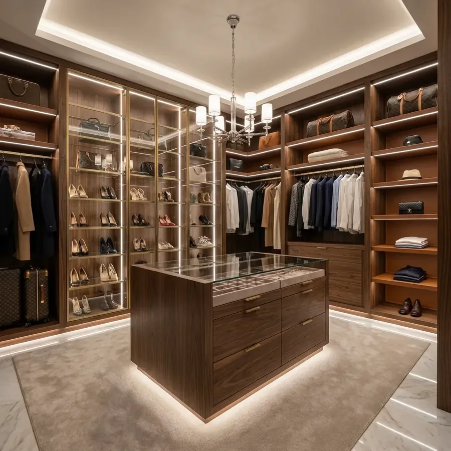 Luxury boutique walk-in closet inspiration with dark walnut cabinetry, a lit shoe wall and a center island