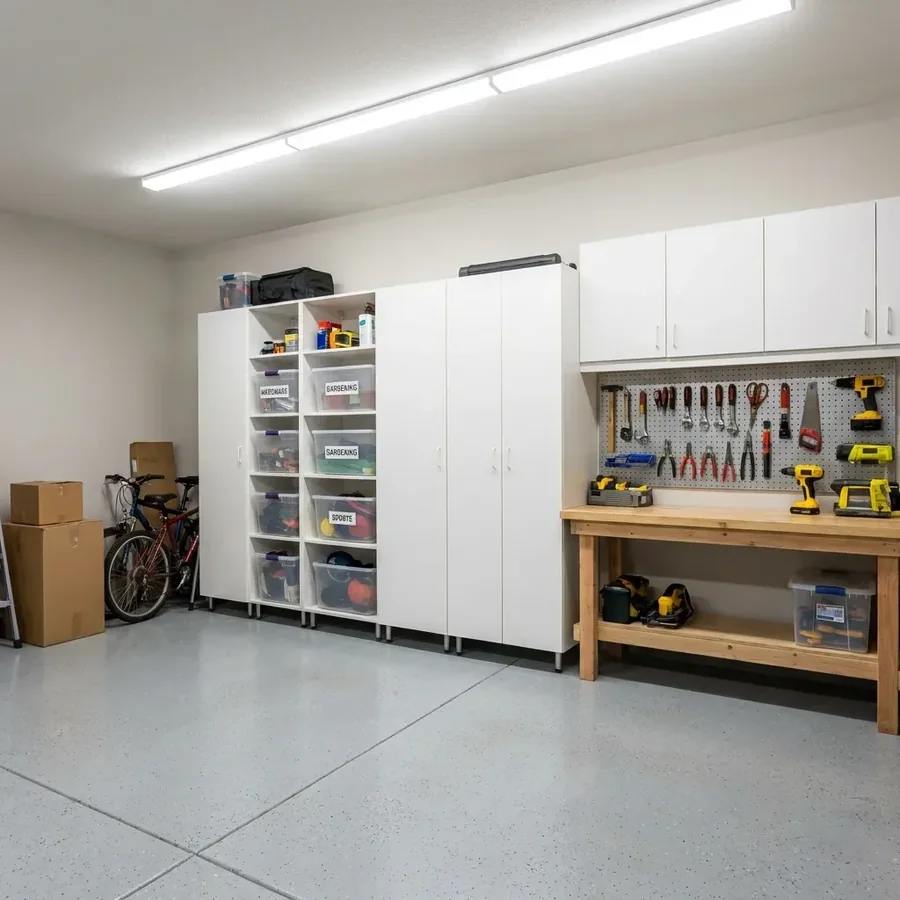 Realistic garage storage system with white wall cabinets, a workbench, pegboard tools and bin shelving