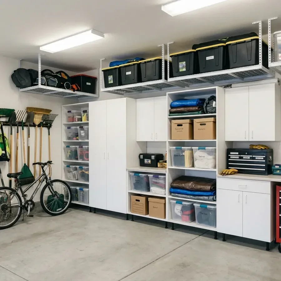 Organized garage storage wall with tall cabinets, overhead racks and labeled bins