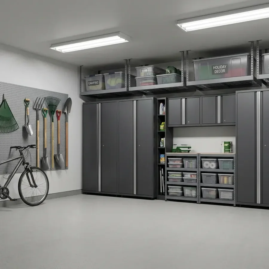 Organized garage with tall gray cabinets, gray overhead racks and labeled bins