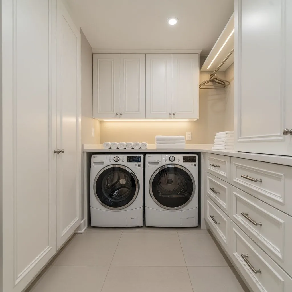 Galley laundry room in white shaker cabinetry with nickel cup pulls, a washer and dryer under a quartz folding counter