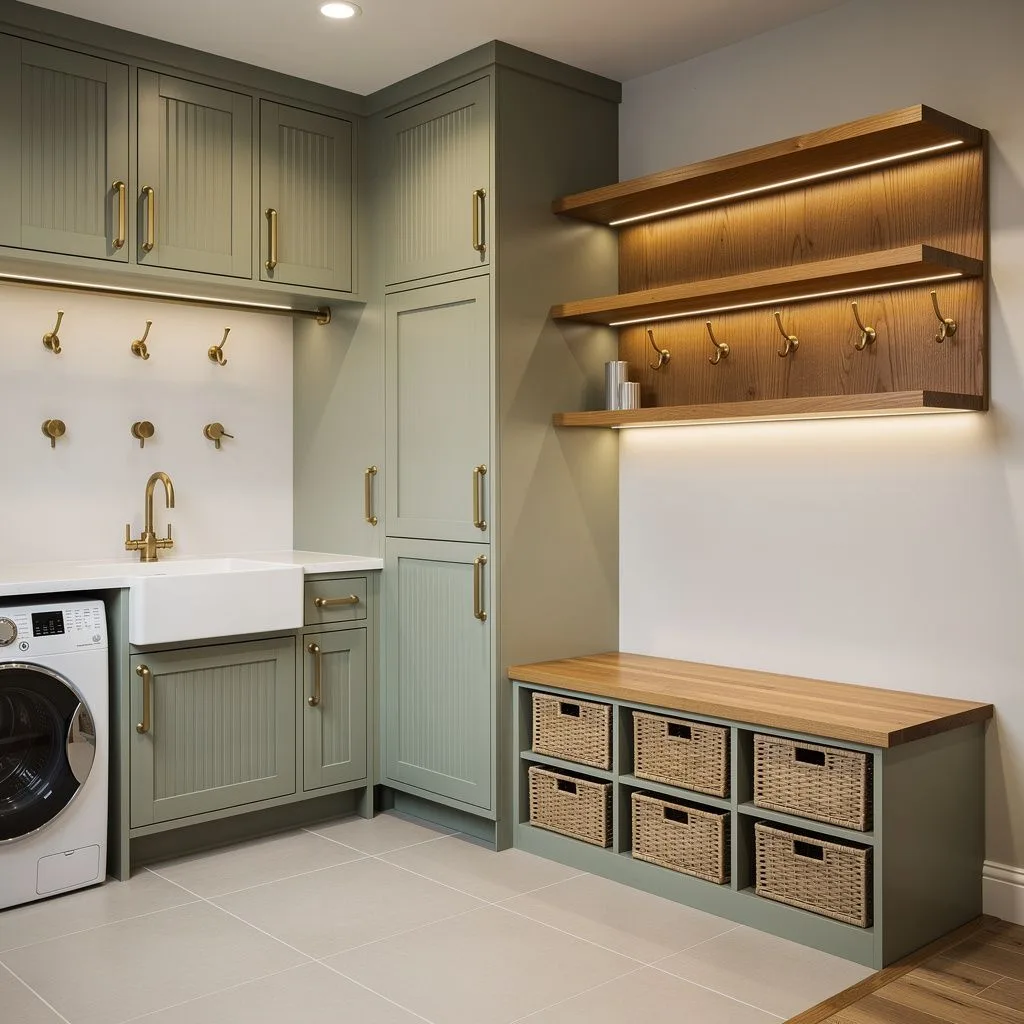 L-shaped laundry and mudroom in sage beaded-inset cabinetry with brass cup pulls, a utility sink and an oak bench