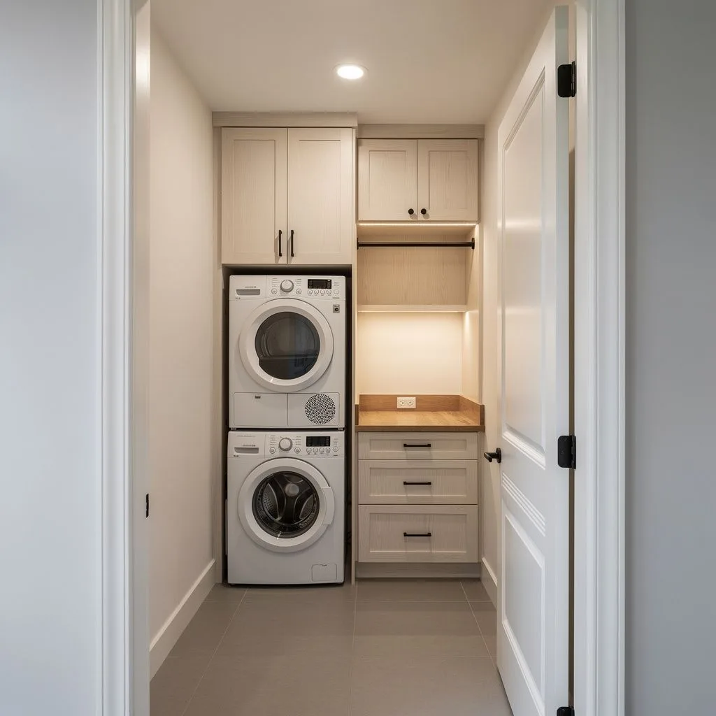 Compact laundry closet in white oak shaker cabinetry with black pulls, a stacked washer and dryer and a hanging rod