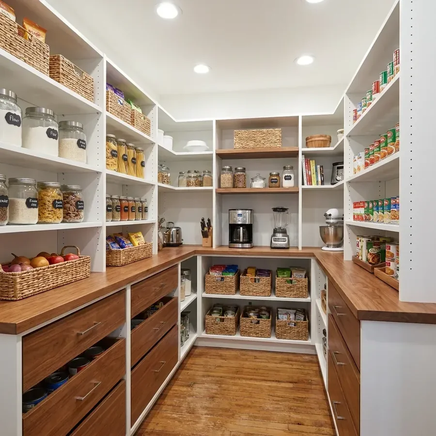 Custom corner pantry inspiration with white and warm-wood adjustable shelving, stocked with organized food and baskets