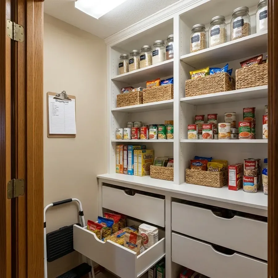 Practical kitchen pantry with white shelving, pull-out drawers and everyday food