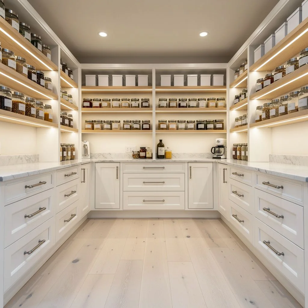 Large U-shaped walk-in pantry in white shaker cabinetry with nickel pulls, open shelves of jars and a marble counter
