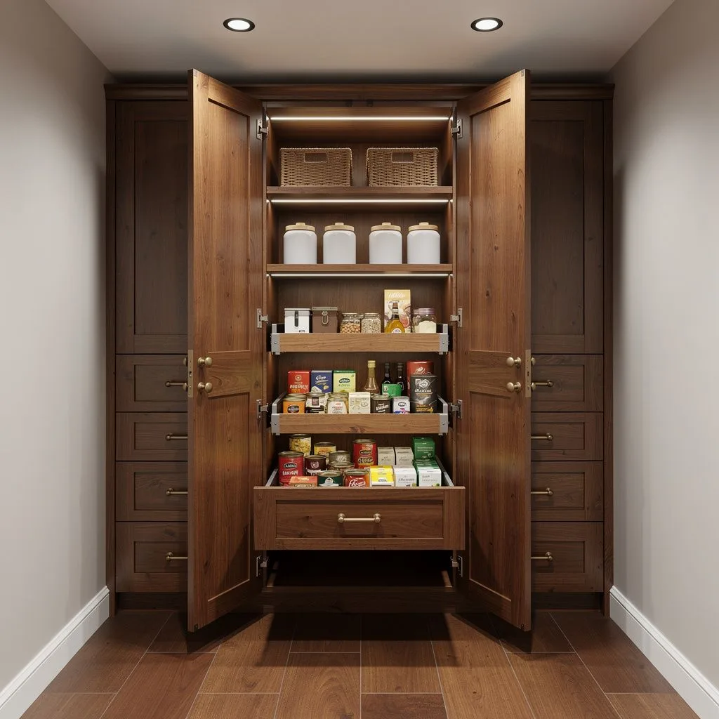 Tall walnut reach-in pantry cabinet with shaker doors open, brass knobs, pull-out drawers of tins and basket shelves