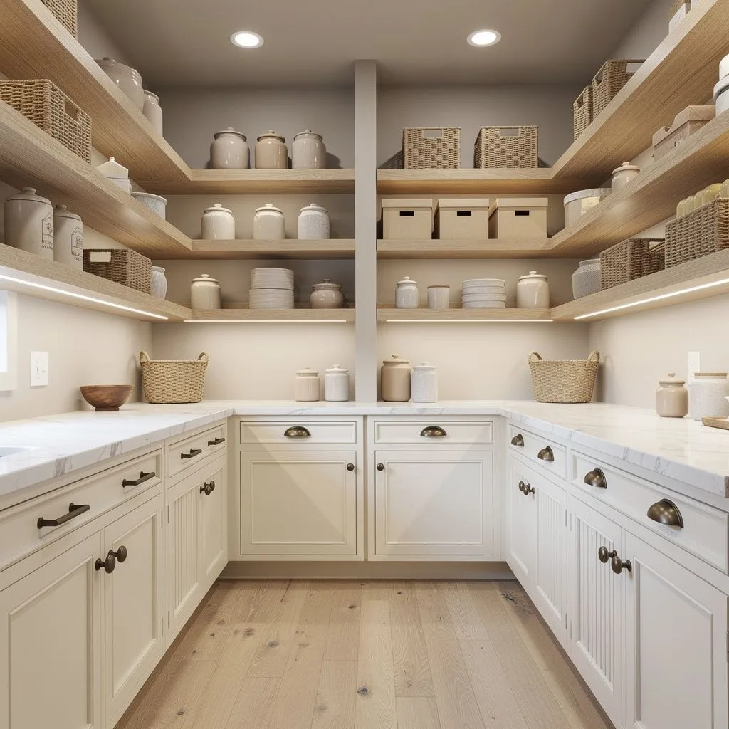 Galley pantry with cream shaker base cabinets, brass cup pulls, white oak open shelving above and a quartz counter