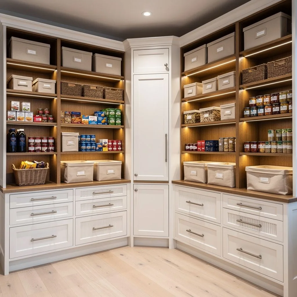 Large L-shaped pantry in warm white raised-panel cabinetry with floor-to-ceiling shelves, canvas bins and baskets