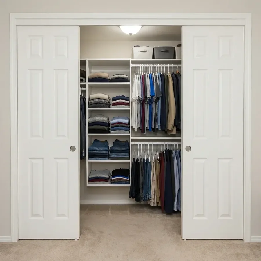 Realistic reach-in bedroom closet with white shelving, double-hang rods and folded clothes behind bifold doors