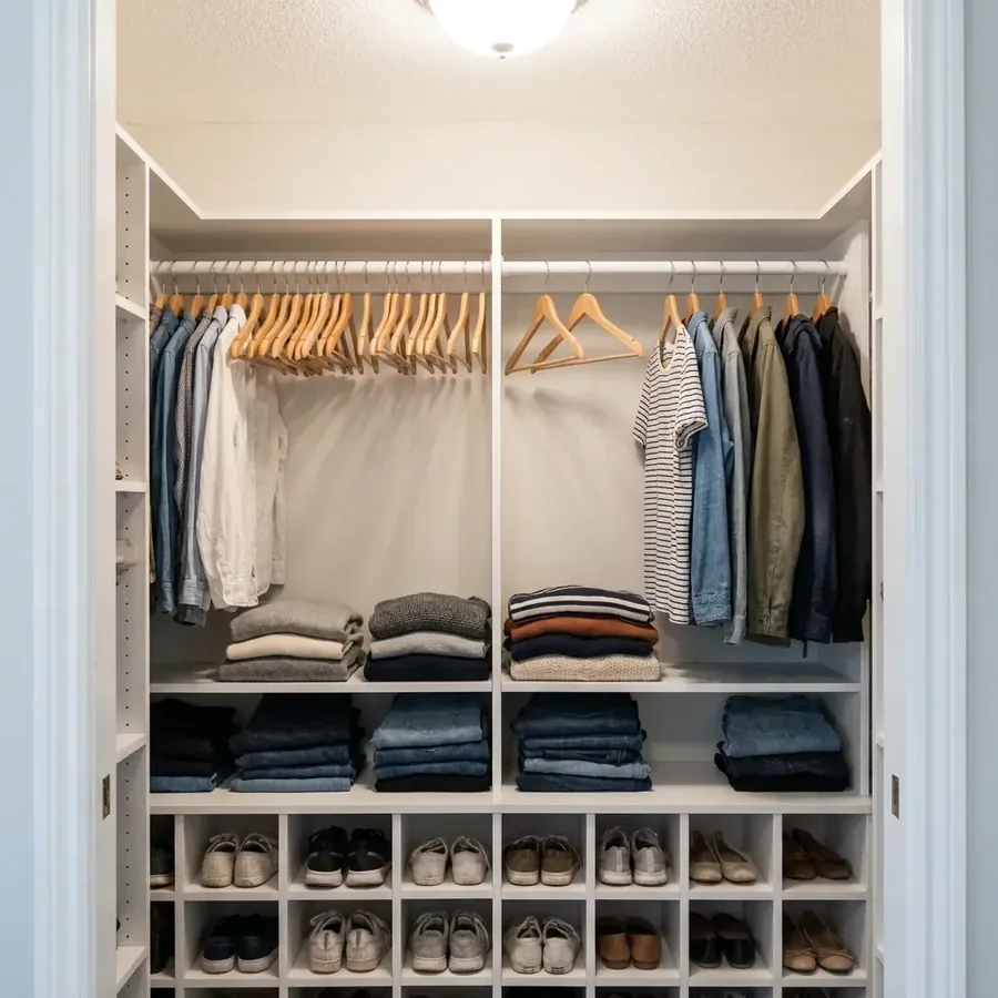 Reach-in closet with white shelving, shoe cubbies, folded sweaters and hanging clothes