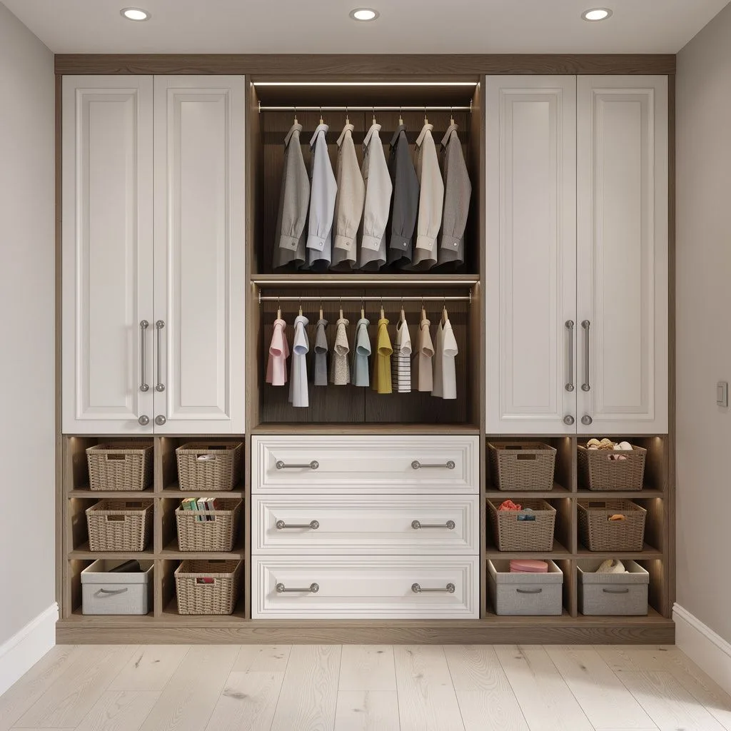 Family reach-in closet in warm white raised-panel cabinetry with cubbies, woven baskets, drawers and two heights of hanging