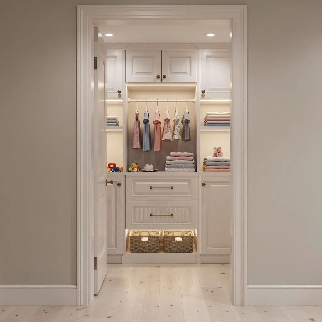 Child’s reach-in closet in soft white shaker cabinetry with brass knobs, a low hanging rod, folded stacks and toy baskets