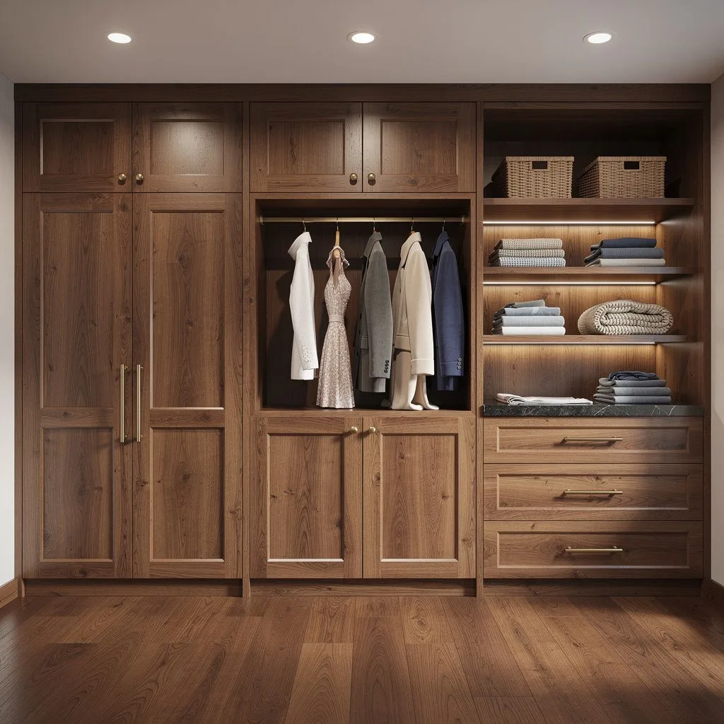 Wide walnut reach-in closet with shaker fronts, antique brass pulls, hanging dresses, folded sweaters and woven baskets