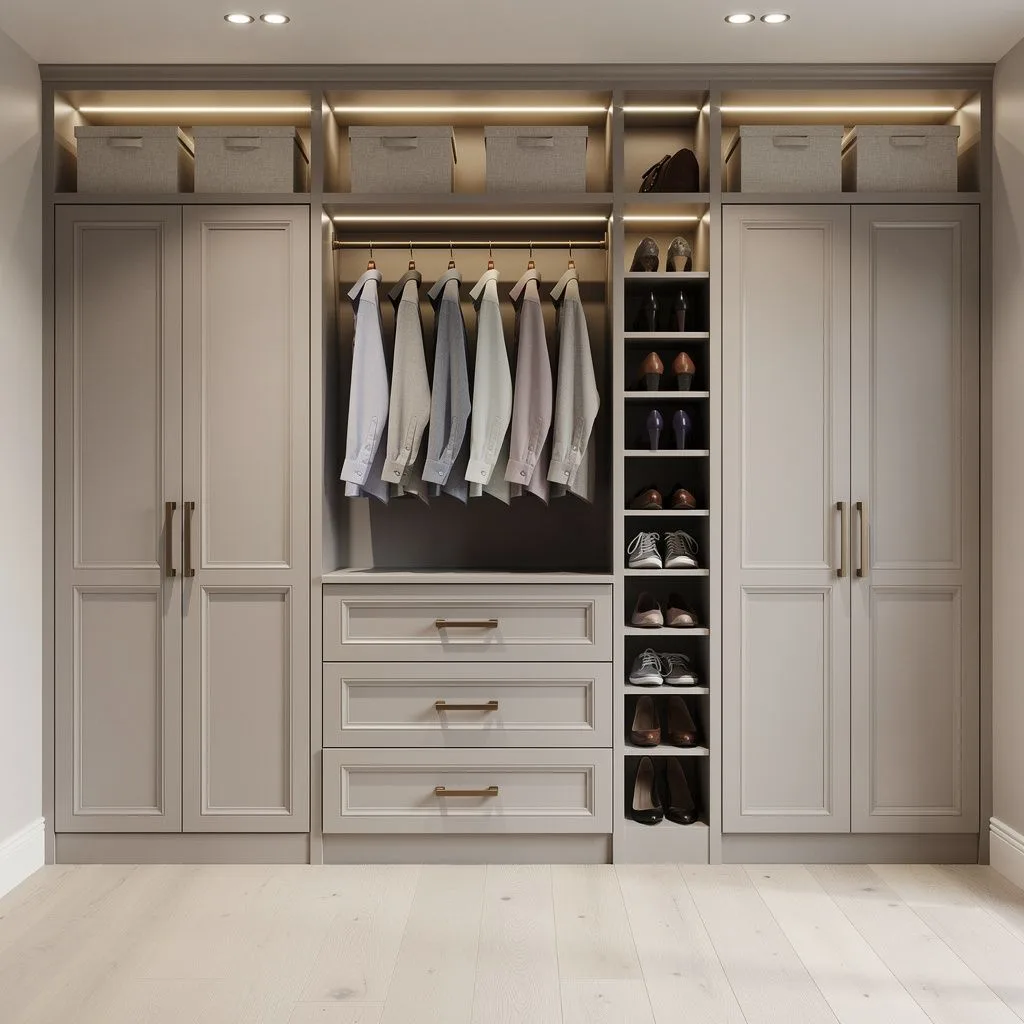 Greige reach-in closet with beaded inset cabinets, bronze cup pulls, hanging dress shirts, shoe cubbies and storage bins