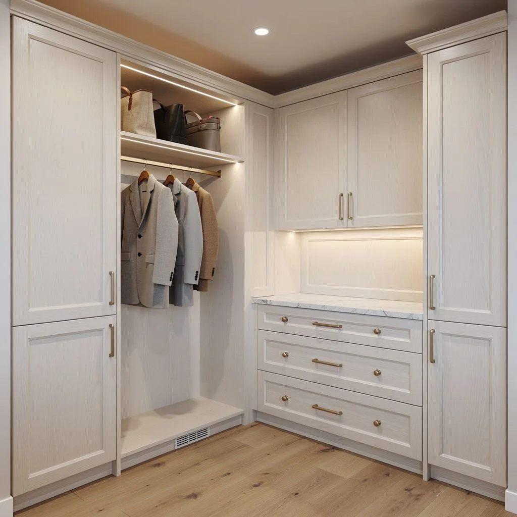 Corner reach-in closet in light white oak with shaker fronts, satin brass pulls, hanging coats, tote bags and four drawers
