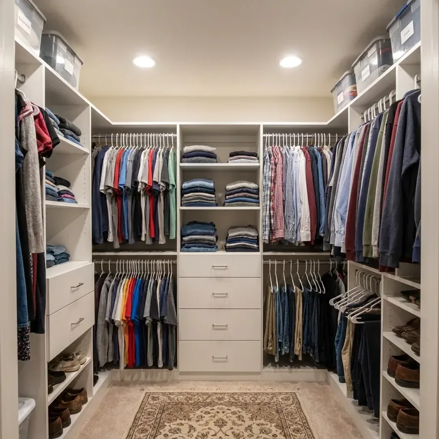 Practical custom walk-in closet with white shelving, drawers and shoe storage in an average-size room