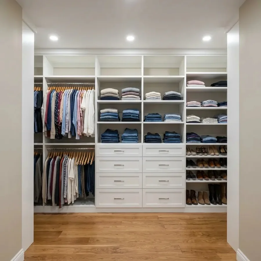 Wide custom white melamine walk-in closet with wall-to-wall shelving, double-hang rods, a bank of drawers and shoe shelves