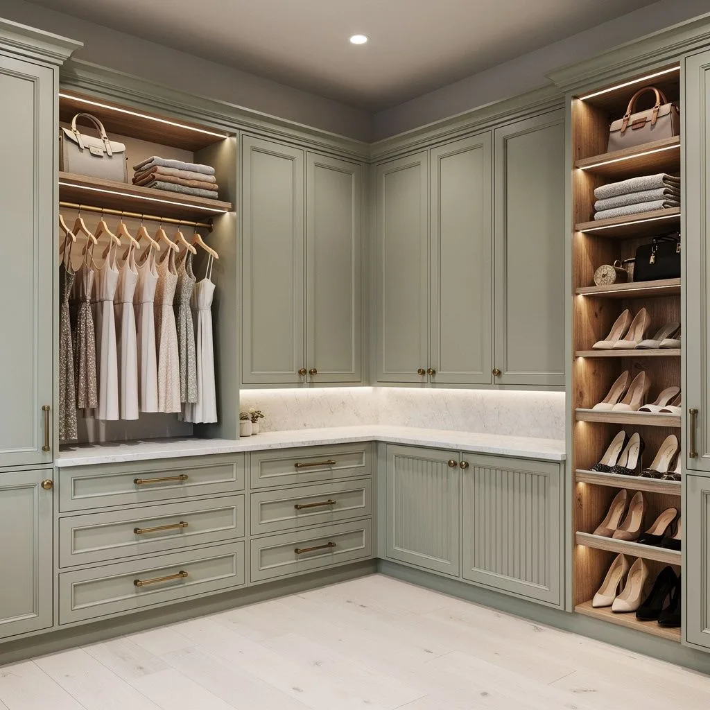 L-shaped walk-in closet in sage raised-panel cabinetry with brass knobs, hanging dresses, handbags and a shoe column