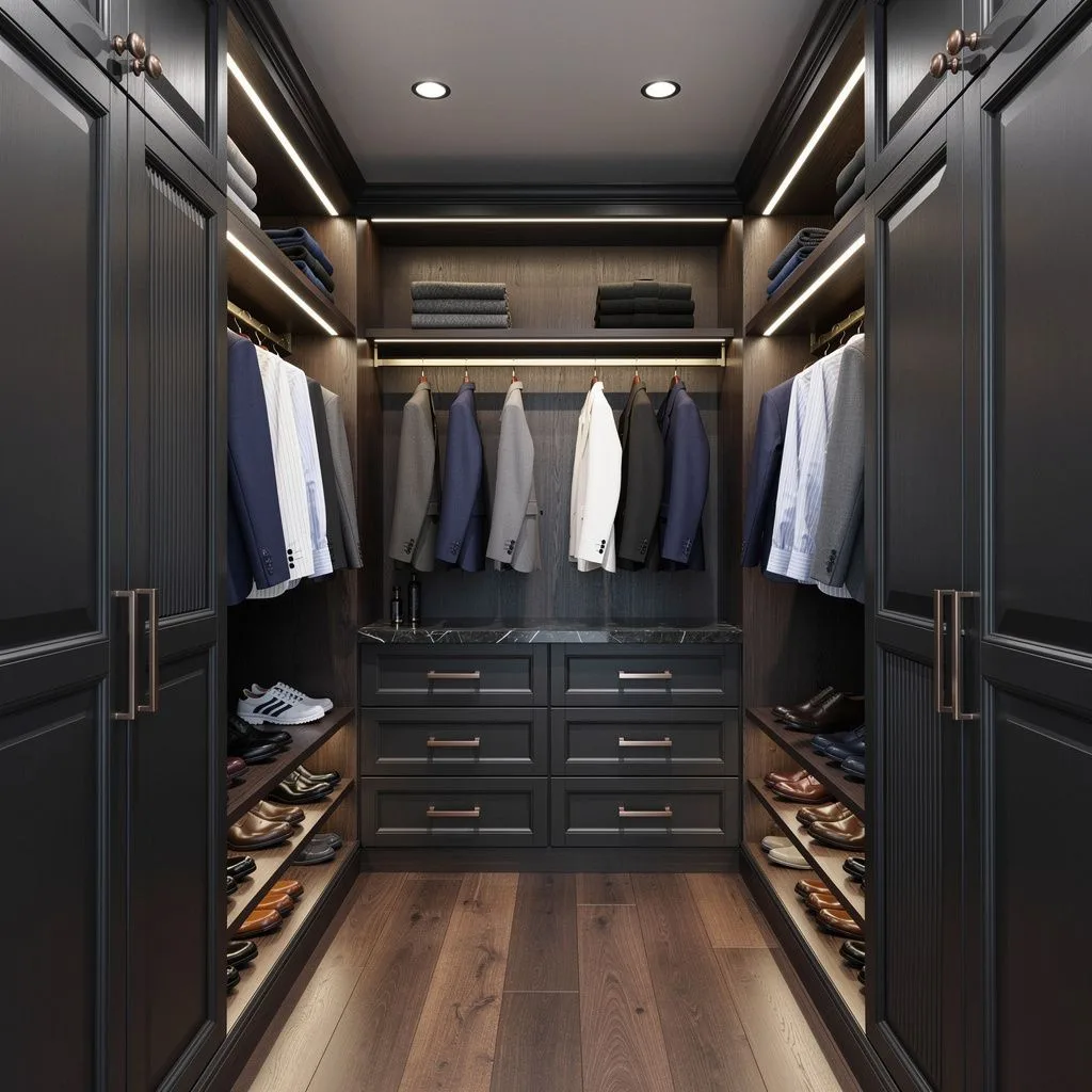 Narrow galley walk-in closet in charcoal shaker cabinetry with bronze pulls, men’s suits, dress shirts and shoe shelves